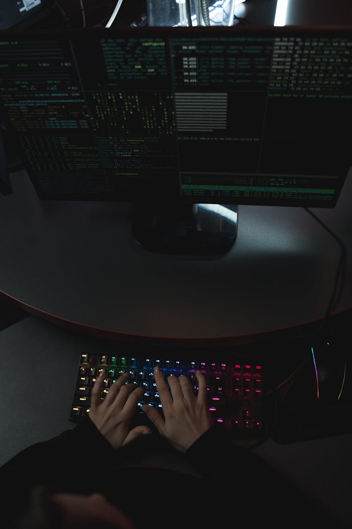 about-03 Hands typing on a rainbow-lit keyboard with code displayed on dual monitors.