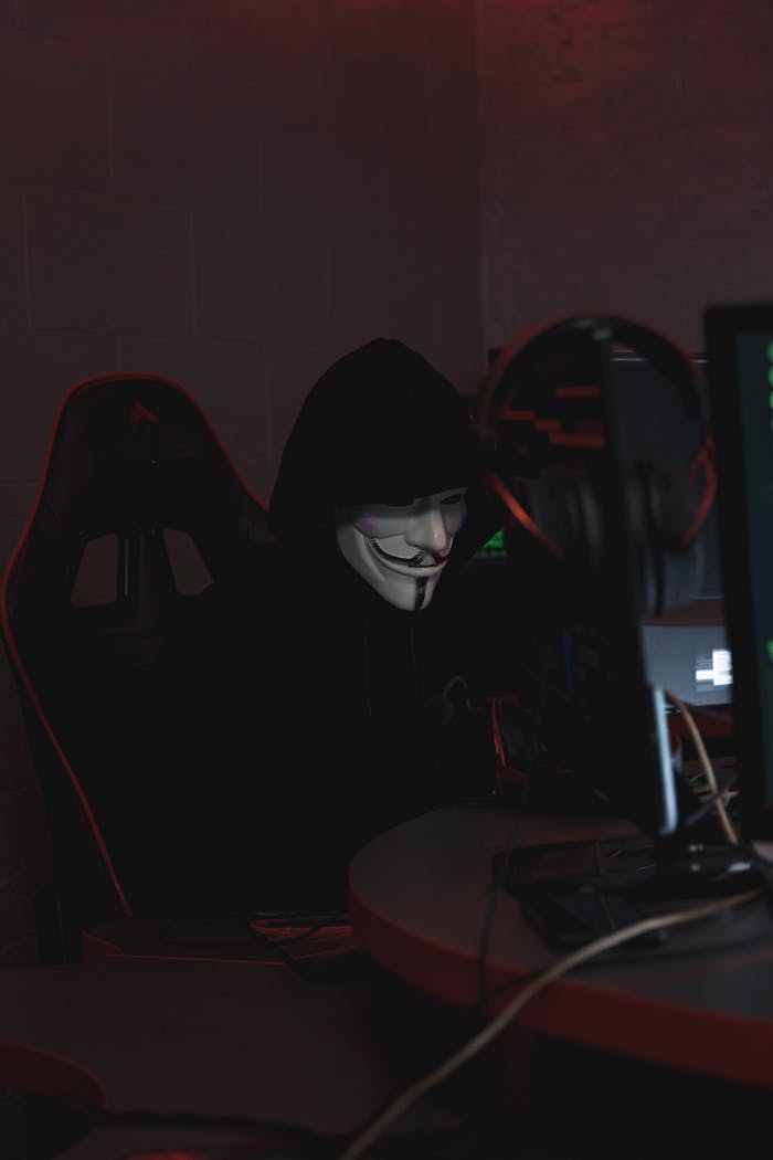 menu-13 A hacker in a Guy Fawkes mask working on cybersecurity at night, conveying secrecy.
