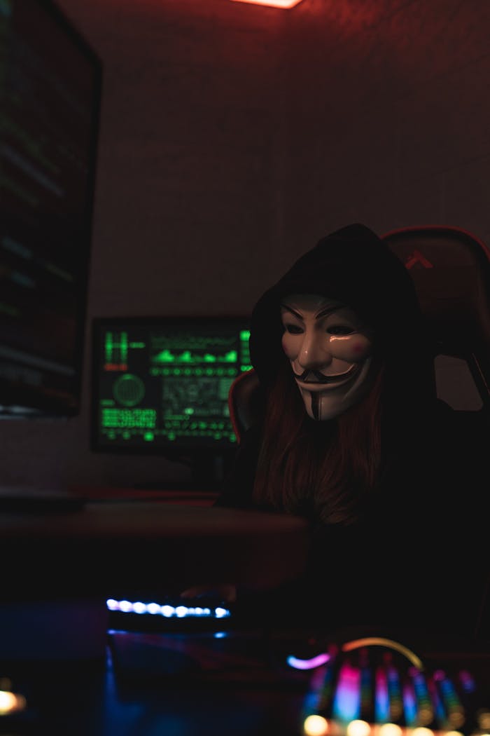 menu-03 An anonymous person wearing a Guy Fawkes mask working on a computer in a dark room, suggesting cyber activities.