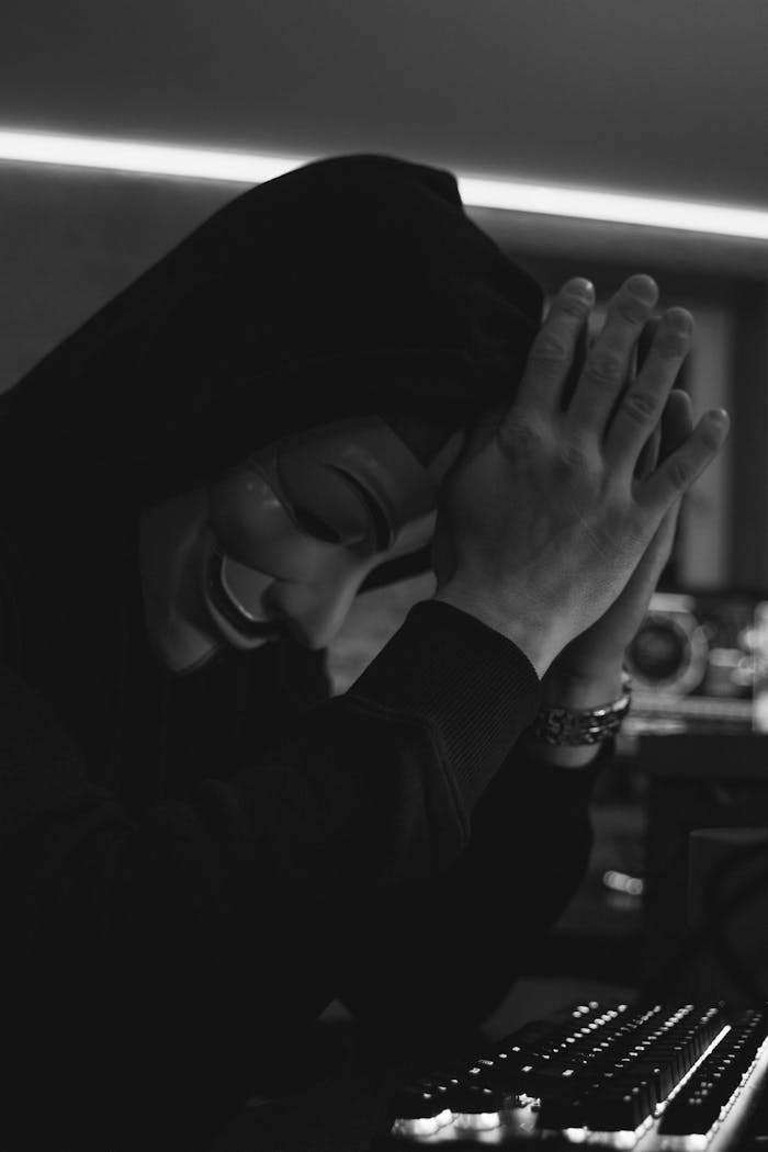 menu-10 A man wearing a Guy Fawkes mask in a black hoodie sits indoors, symbolizing cyber security and hacking.