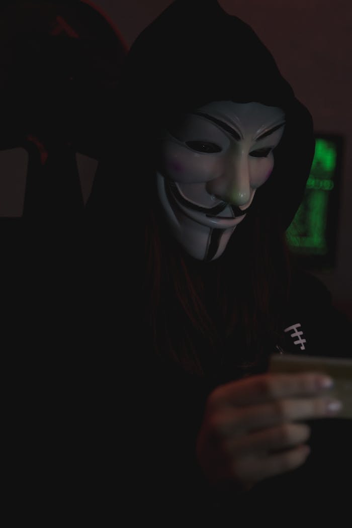 about-01 Anonymous individual wearing Guy Fawkes mask using a laptop, embodying secrecy and digital anonymity.