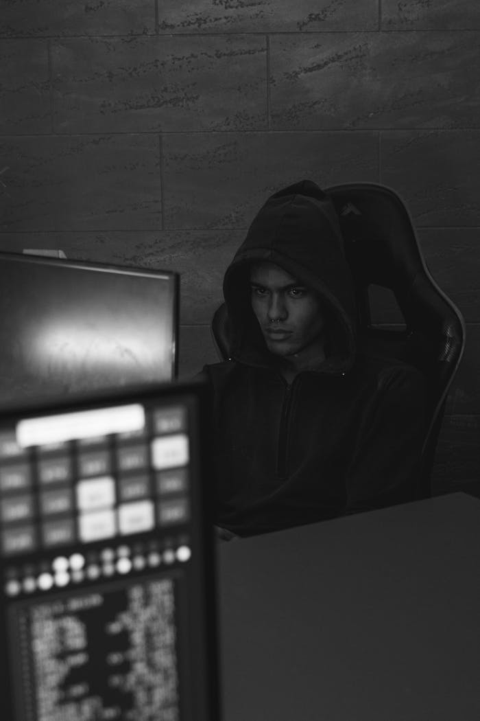 A serious hacker in a dark room, focused on a computer screen, embodying cybersecurity threats.