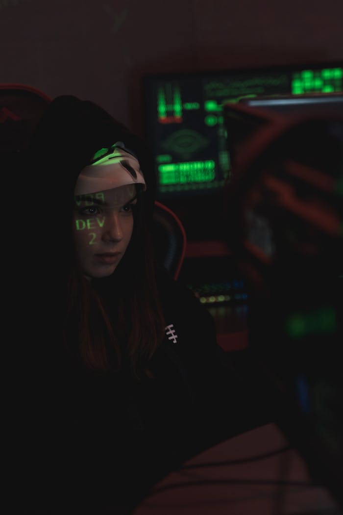 A woman wearing a black hoodie focuses on coding in a dim setting, surrounded by multiple screens.