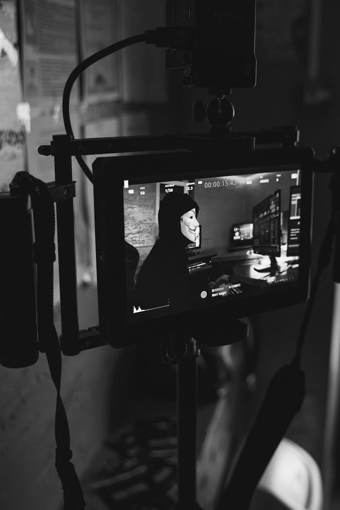 Black-and-white photo showing a hacker wearing a Guy Fawkes mask on a monitor, symbolizing cyber security threats.